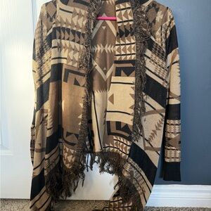 Forever 21 Black and Brown Patterned Fringe Cardigan